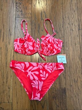 Shade and Shore Pink & Red Floral Tie-Front Bikini Set, Med Bottom and 36 D Top